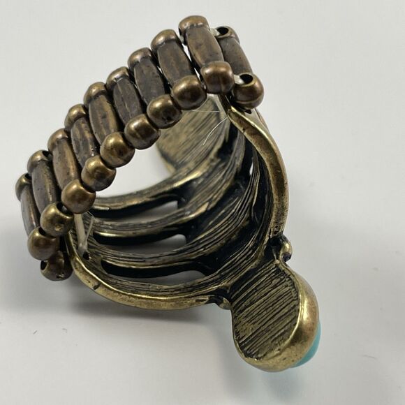 Turquoise Blue Howlite Cabochon Antique Gold Tone Stretch Ring Cocktail Boho - Picture 4 of 6